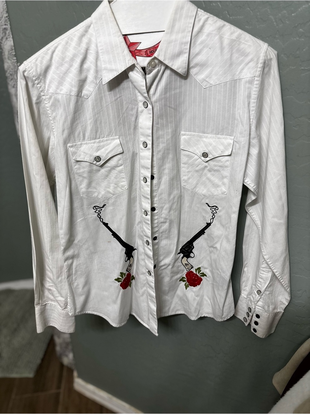 Panhandle Slim White Western Shirt with Black Embroidery and Red Accents